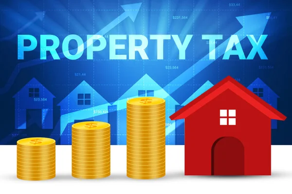 Property Tax concept background with coins, house and glowing typography. Increase of taxes in real estate, backdrop.
