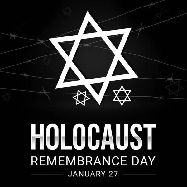 stock image Holocaust day of remembrance backdrop with religious sign, wires and typography. Black and white sad holocaust day background.