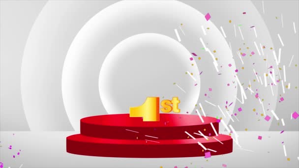 Eerste Positie Gerenderd Podium Met Gouden Nummer Confettis Viering Animatie — Stockvideo