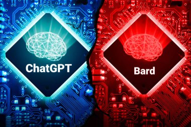 Open AI chatgpt vs bard artificial intelligence tool background with futuristic chip and brain. Competition of Ai technologies backdrop