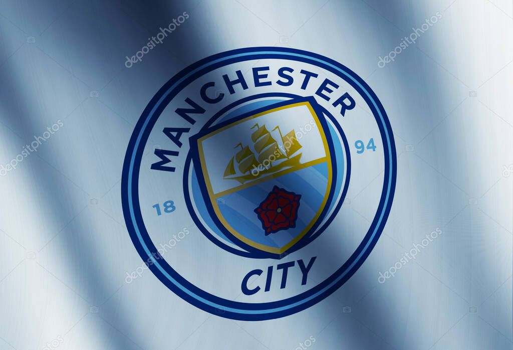 Manchester City flag-waving editorial backdrop with blue light. Football team flag-waving wallpaper