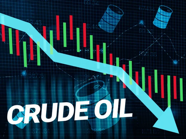 Crude Oil prices graph going down background in blue and red color. Price of oil chart and barrel backdrop