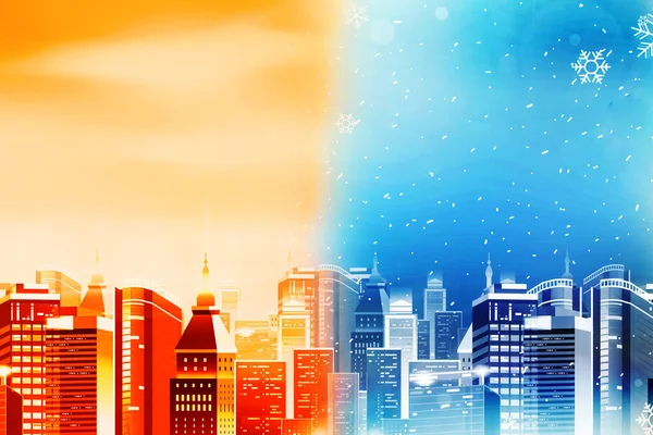 Extreme weather conditions in the cityscape with building and weather temperature background. Cold and hot weather conditions backdrop, Climate change concept design