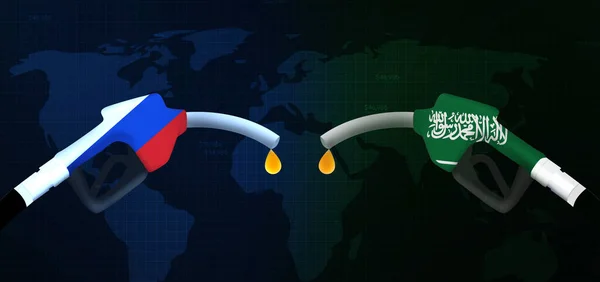 Ryska Olja Saudiarabien Olja Bakgrund Med Munstycke Och Flagga Båda — Stockfoto
