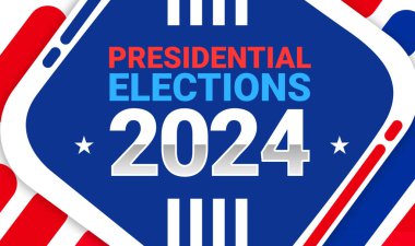 Amerikan renk tasarımı ve tipografisi ile Başkanlık Seçimleri 2024 Banner. ABD seçim konsepti geçmişi