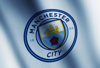 4.27, Birleşik Devletler. Manchester City 'de mavi ışıkla bayrak sallayan yazı arkaplanı. Futbol takımı bayrak sallayan duvar kağıtları