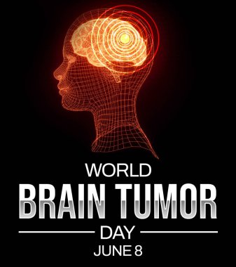 Dünya Beyin Tümörü Günü arkaplanı parlayan kafa ve beyaz tipografi ile. Uluslararası beyin tümörü günü, geçmiş