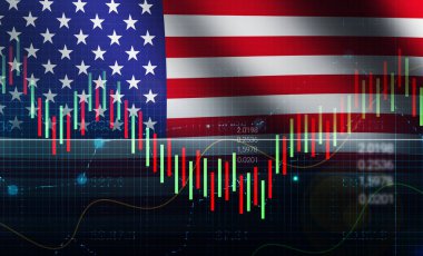 Arkaplanda bayrak sallayan ve ticaret grafiği olan Amerikan borsası konsepti. ABD bayrağı, arkaplan kağıdı içeren borsa ve ön plan grafikleri
