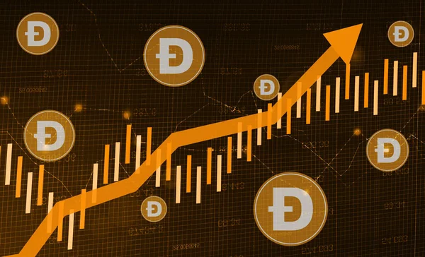 4.4, Pakistan. Dogecoin prices increasing concept background with growing yellow graph and coins. Cryptocurrency prices backdrop