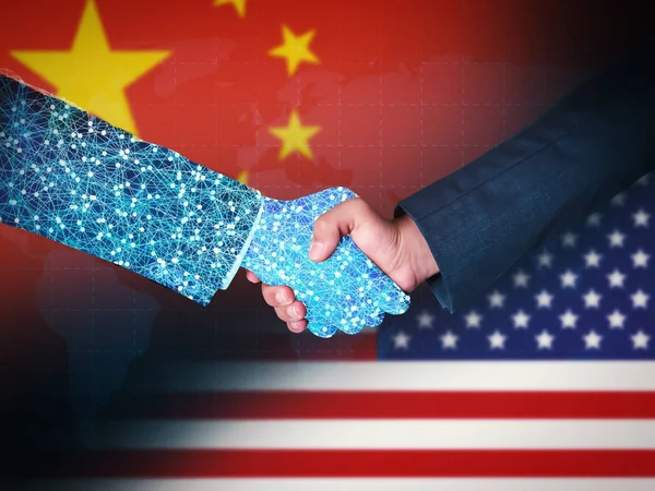 China and America handshake concept with technology hands. US Vs China technology handshake concept backdrop