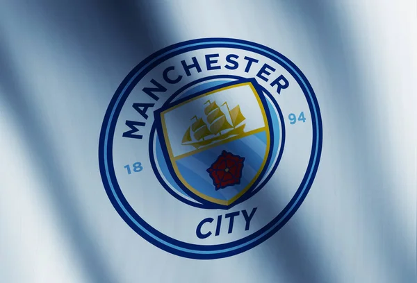 Vereinigte Staaten Flaggenschwenkende Redakteure Von Manchester City Vor Blauem Licht — Stockfoto