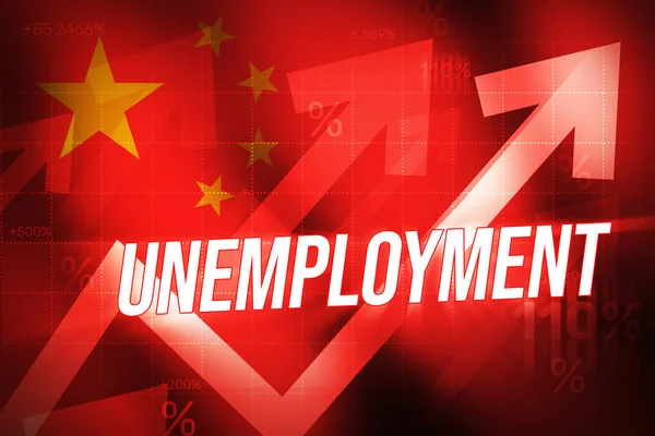 旗を振って中国の失業率を増加させ 背景に赤い警戒グラフ 中国における失業の概念背景 — ストック写真
