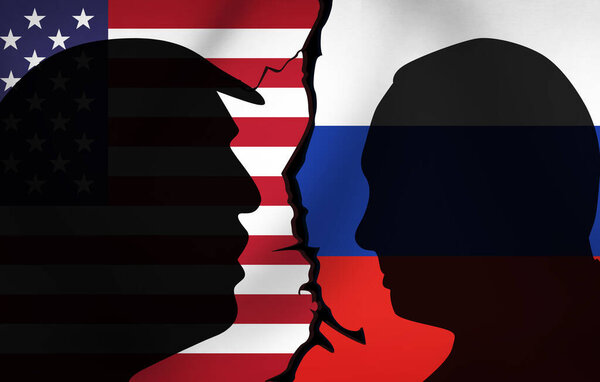 5.17, United States. USA vs Russia Political concept background with conflict flags and silhouette illustrations. America Vs Russia backdrop