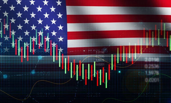 American stock market concept background with trading graph and waving flag in the backdrop. Stock market and forex charts with United States flag, backdrop wallpaper