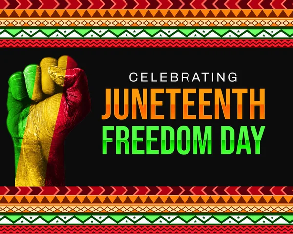 Juneteenth Özgürlük Günü 'nün arka plan tasarımını geleneksel renkli sınır ve merkezde tipografi ile kutluyoruz. Haziran ayının konsepti