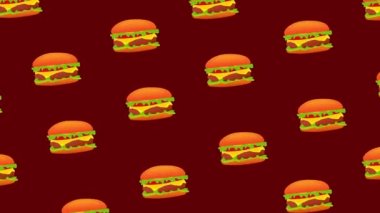 Köşe pozisyonu 4K arka planında hamburgerlerin animasyonu. Fast food animasyon arkaplanı