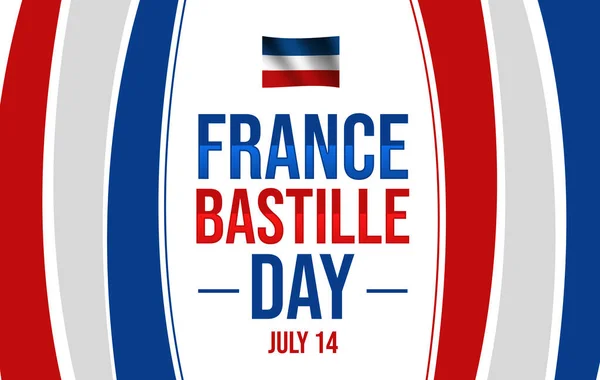 每年的7月14日是法国的巴士底狱日 背景设计为简约的红色和蓝色 中间摇曳的法国国旗和排字设计 — 图库照片
