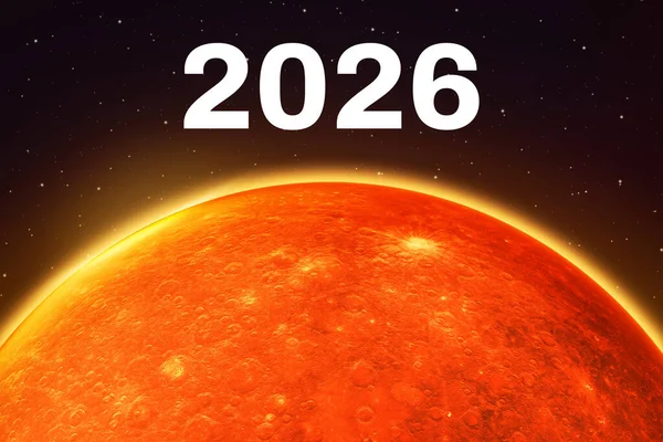 火星任务2026的概念背景 明亮的红色行星和黑暗天空中的白色字体 — 图库照片