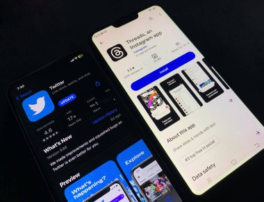 Twitter vs Threads on mobile screen, Twitter kavramı ile yeni sosyal medya uygulaması çakışması, editoryal