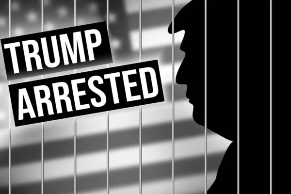 Trump Gearresteerd Zwart Wit Redactioneel Nieuws Achtergrond Met Wazige Vlag — Stockfoto