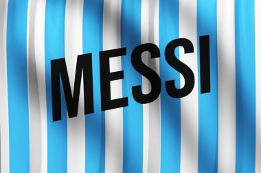 Mavi Arjantin bayrağında bayrak sallayan Messi tipografisi renk bezi, spor yayın arkaplanı. Futbol efsanesi kavramı.