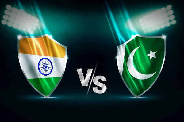 stock image India Vs Pakistan exciting cricket match concept background with glowing lights and flags of both countries inside shield. Sports rivalry concept backdrop