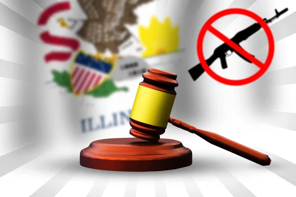 Illinois Supreme court decision of banning assault weapons concept background with gavel and waving flag. Illinois court rules assault weapon ban, news backdrop