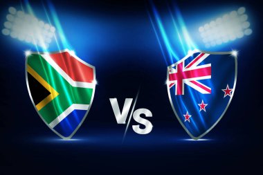 Güney Afrika, Yeni Zelanda 'ya karşı spor müsabakası tasarım konsepti. Stadyum ışıkları arka planda parlıyor.