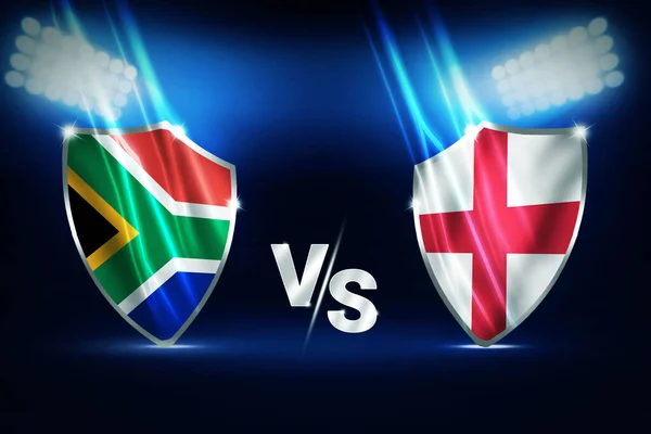 South Africa Vs England Cricket Match fixture wallpaper with flags and stadium lights in the backdrop