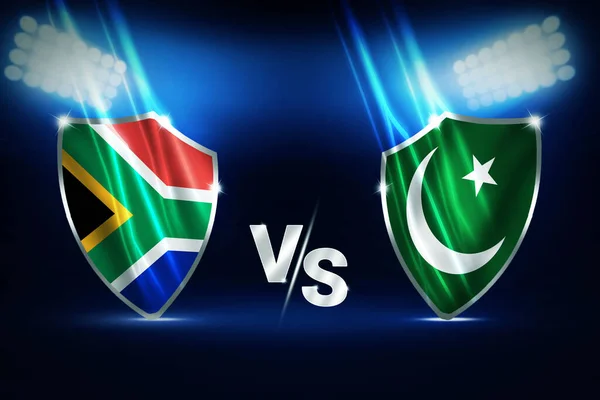 South Africa Vs Pakistan cricket match fixture championship background with waving flag and stadium glowing lights, sports backdrop
