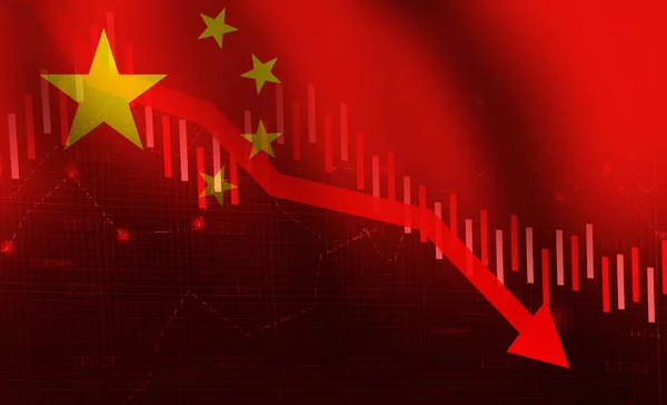 China\'s Economy fall down background with waving flag and graph going to downward. Economy of China is in trouble, backdrop design