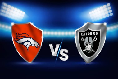 Broncos vs Raiders futbol maçı konsepti. Arkaplanda tabelaları ve stadyumu olan duvar kağıdı, editoryal spor tasarımı..