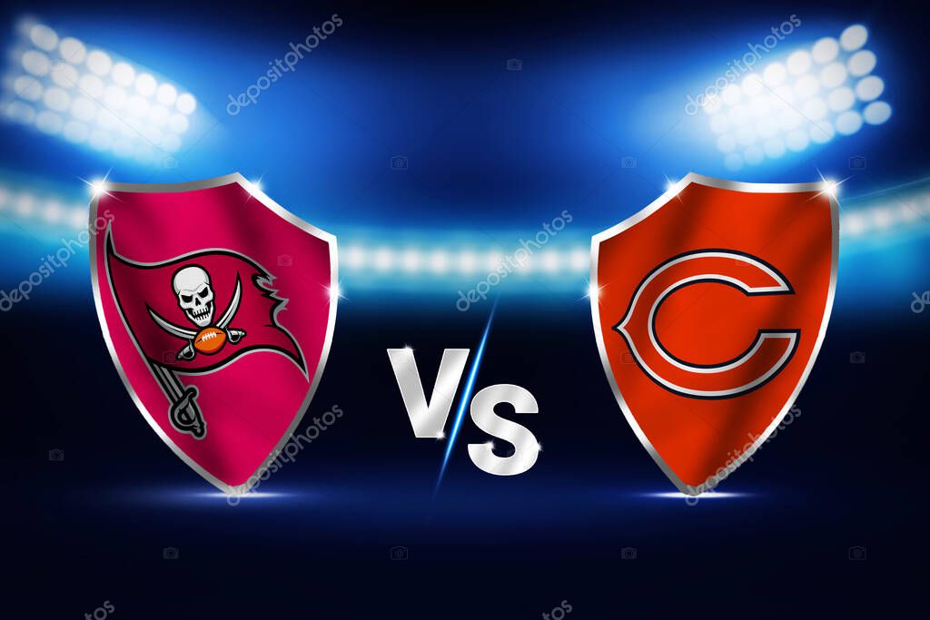 Buccaneers Vs Bears sports editorial fixture background design with stadium lights and sheilds