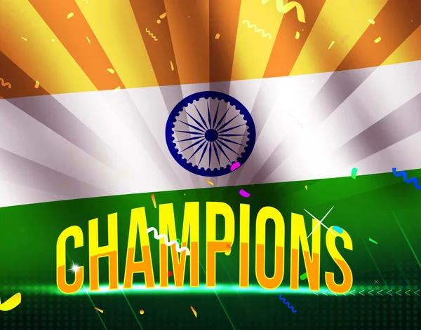 Hindistan Şampiyonları Bayrak Sallayarak Parlak Sarı Tipografiyle Arka Plan Kavramını — Stok fotoğraf