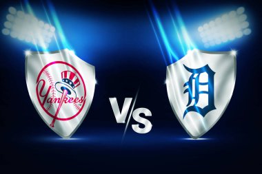 New York Yankees, Detriot Tigers 'a karşı. MLB, stadyum ışıkları ve spor haberleri ile sabitleme konsepti.