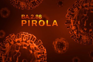 BA.2.86 Pirola Coronavirus arka planında turuncu renkli şekiller ve tipografi var. Covid-19 yeni pirola değişkeni kavramı turuncu alarm renklerinde