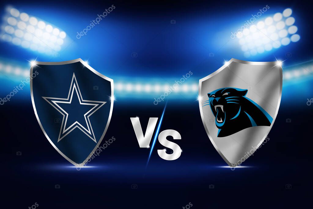 Cowboys VS Panthers sports verus concept, match fixture with glowing stadium lights. American football editorial backdrop