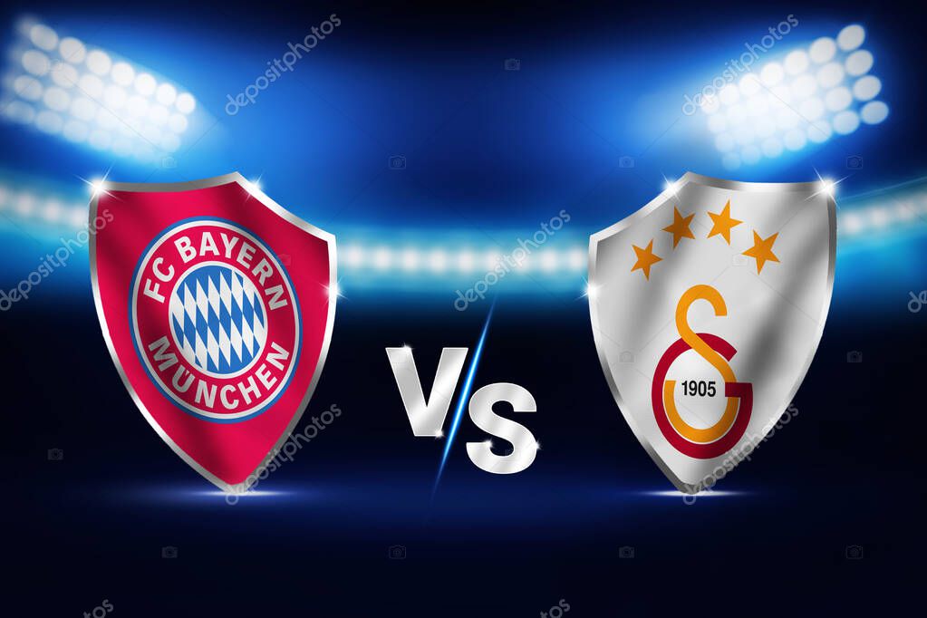 Bayern Vs galatasaray Editorial sports concept backdrop with stadium and flags of both teams