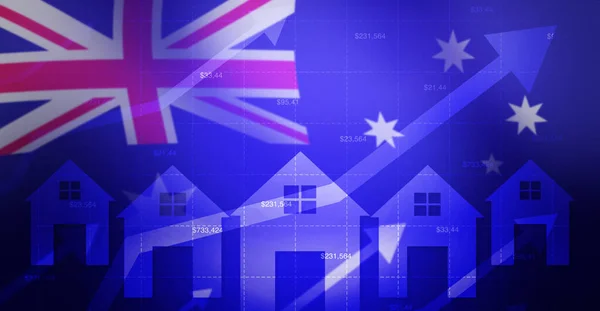 Australia property market high prices concept background with glowing homes and arrows going up. Real estate and property concept backdrop