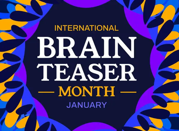 International Brain Teaser Month backdrop with colorful shapes and typography in the center