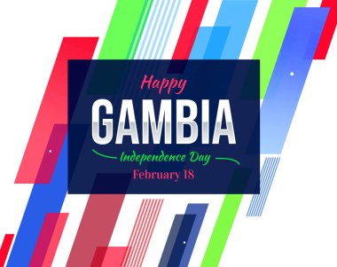 Renkli şekilleri, tipografisi ve tasarımı olan Gambiya Bağımsızlık Günü 'nüz kutlu olsun. 18 Şubat Gamabia 'da bağımsızlık günü olarak kutlanıyor