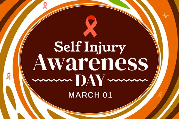 Self Injury Awareness Day orange background design with ribbon and shapes along typography. March 01 is injury awareness day, backdrop