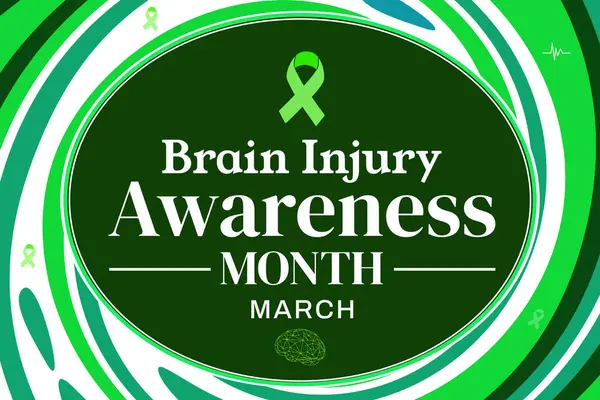 March is Brain Injury Awareness Month, colorful green shapes with ribbon and typography