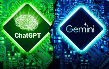 Gemini, ChatGPT Yapay Zeka Editör Yarışması konseptine karşı mavi ve yeşil renkli fişler. Ai bot sistemleri arkaplan duvar kağıdı