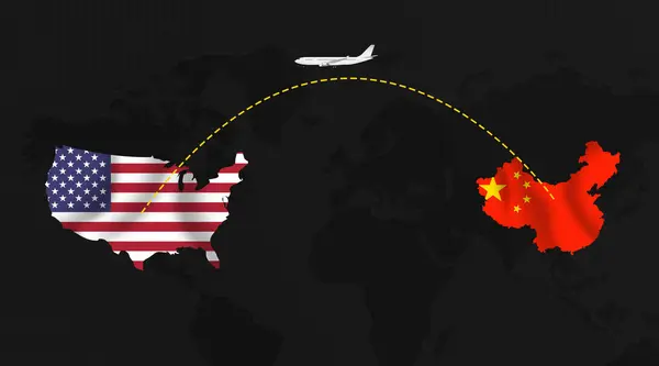 China to USA Flight background design in minimalist style with map and flags. Migration and flight concept backdrop
