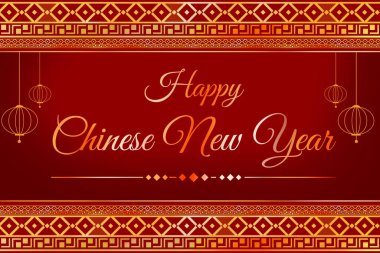Merkezinde tipografi olan kırmızı ve altın desenli Çin Yeni Yılı 'nız kutlu olsun. Geleneksel Çin sınır tasarımı ile metin selamları