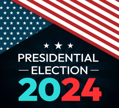 Başkanlık Seçimi 2024 vatanseverlik temalı arkaplanda Amerikan Bayrağı ve tipografisi var. ABD seçim arkaplanı