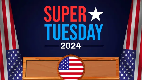 スーパー火曜日2024大統領選の背景デザインと愛国的な旗と中央のタイポグラフィ アメリカ合衆国選挙の背景 ロイヤリティフリーのストック写真