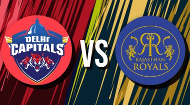 Delhi Capitals vs Rajasthan Royals kriket maçı tasarımı şekilli, editoryal arkaplan