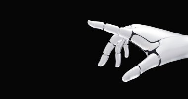 Karanlık ve izole bir arkaplana dokunan robot elli yapay zeka kavramı. Yan tarafında gümüş mekanik el olan kopyalanmış alan, 3D